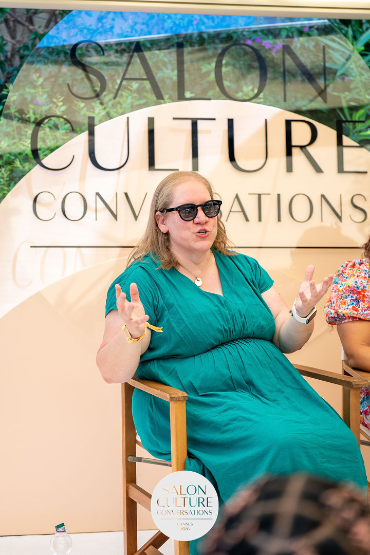 Carlee Wolfe speaking during a Salon Culture Conversations panel in Cannes.